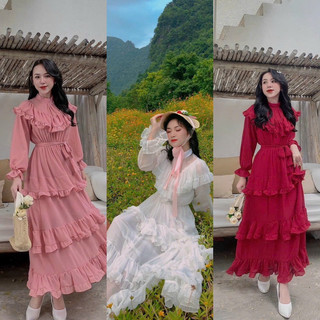 Đầm váy maxi tầng tay dài phồng phối bèo công chúa tiểu thư cute thời trang nữ hotgirl thiết kế đi biển du lịch đi chơi