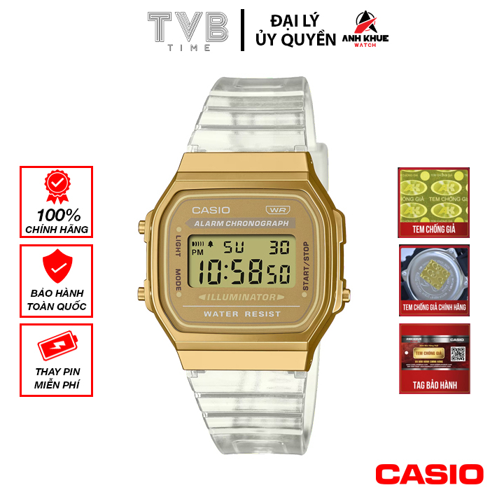 Đồng hồ unisex dây nhựa Casio chính hãng Anh Khuê A168XESG-9ADF