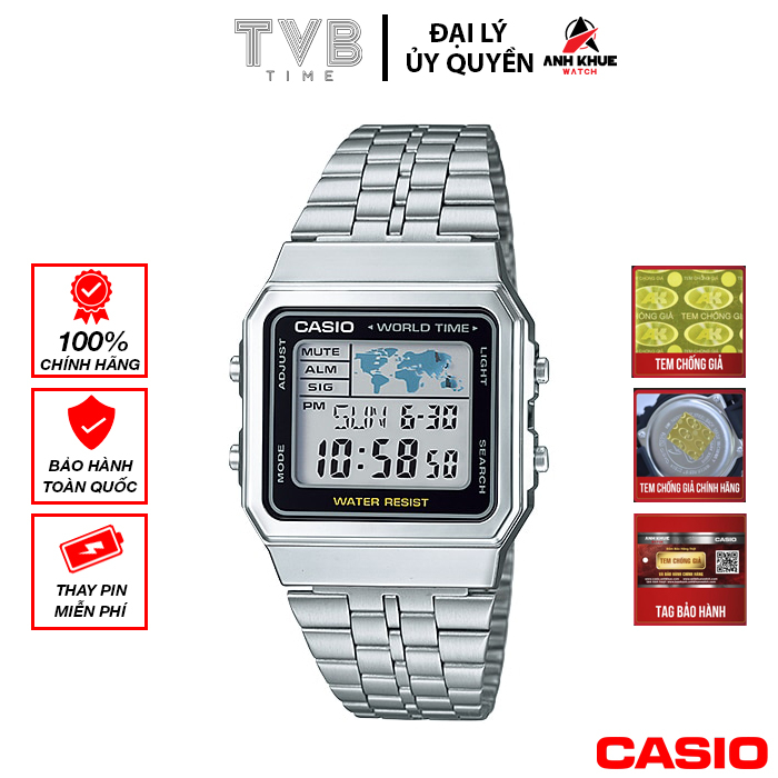 Đồng hồ unisex dây kim loại Casio chính hãng Anh Khuê A500WA-1DF (34mm)