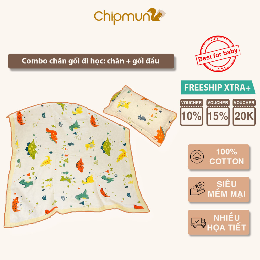 Bộ chăn gối cho bé đi học mẫu giáo, tiểu học CHIPMUNK cao cấp, bền đẹp, thoáng khí, thân thiện với da bé