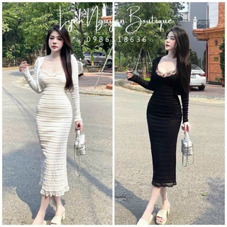 SET ĐẦM BÔNG TẰM ÔM BODY VIỀN REN PHỐI ÁO KHOÁC LỬNG