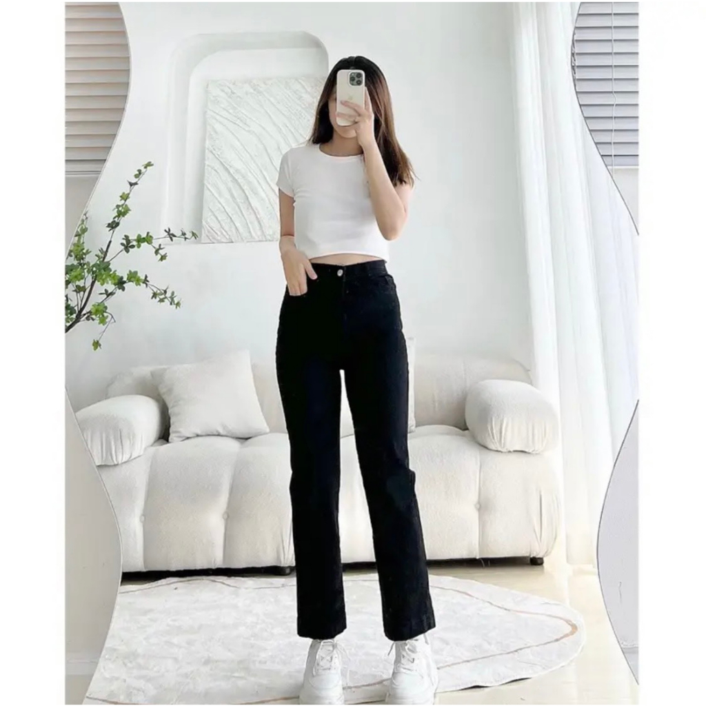 Quần bò jean ống đứng nữ co giãn 4 chiều suông rộng xuông jeans cạp cao | BigBuy360 - bigbuy360.vn