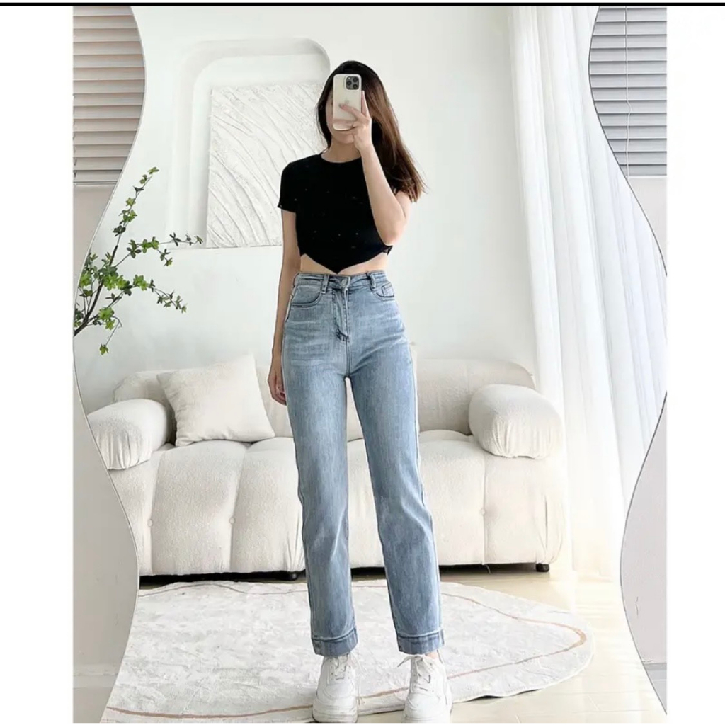 Quần bò jean ống đứng nữ co giãn 4 chiều suông rộng xuông jeans cạp cao | BigBuy360 - bigbuy360.vn