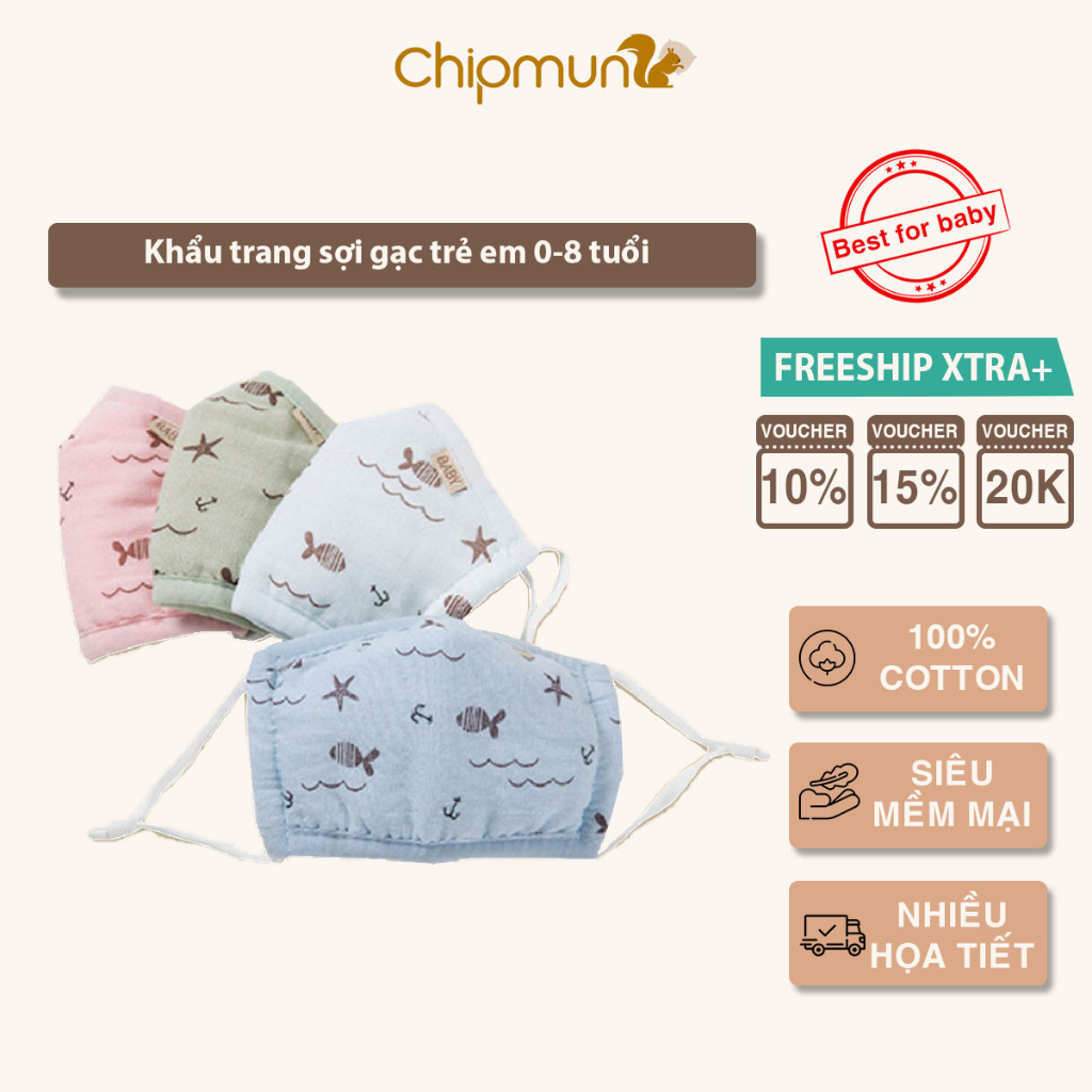Khẩu trang trẻ em CHIPMUNK vải xô sợi gạc thoáng khí dây đeo có thể điều chỉnh độ dài dành cho trẻ từ 1-8 tuổi