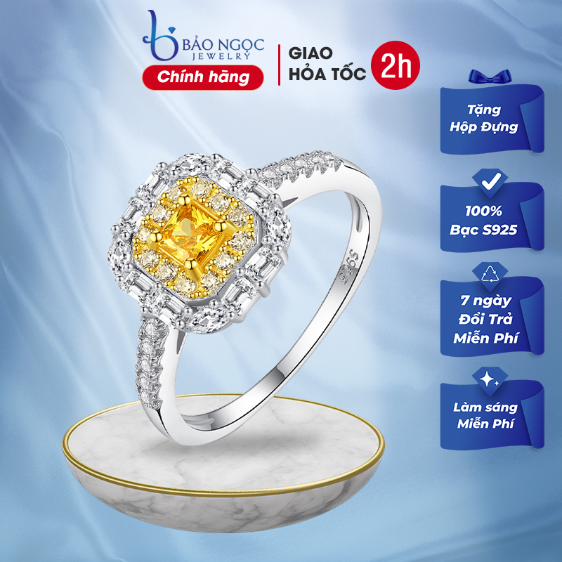 Nhẫn bạc nữ s925 xi bạch kim cao cấp, đá kim cương vàng tổng hợp nhân tạo sang trọng N2789 - Bảo Ngọc Jewelry