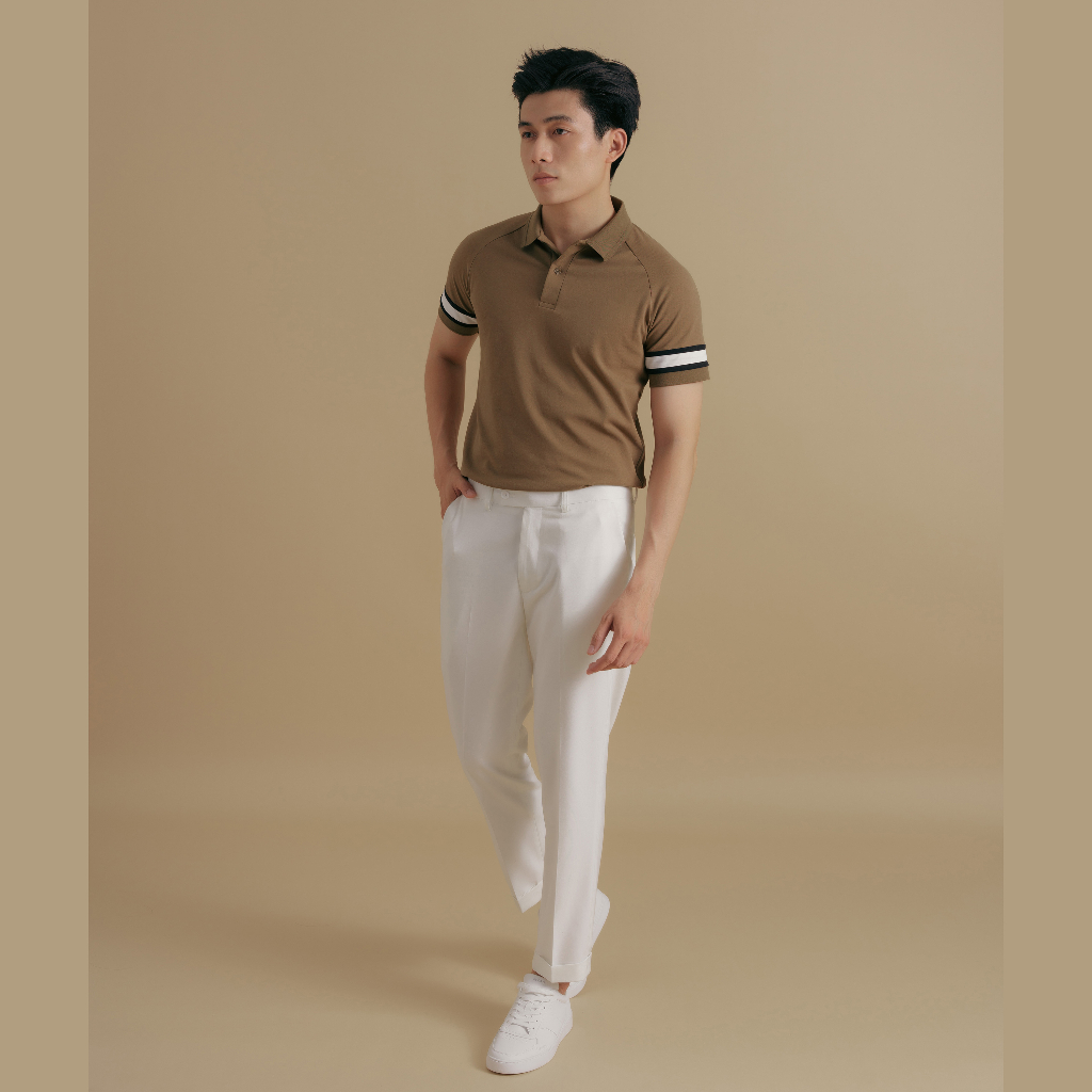 Áo Polo nam LEEVUS FREND tông nâu, phối tay, vải CVC cá sấu, form regular APL305