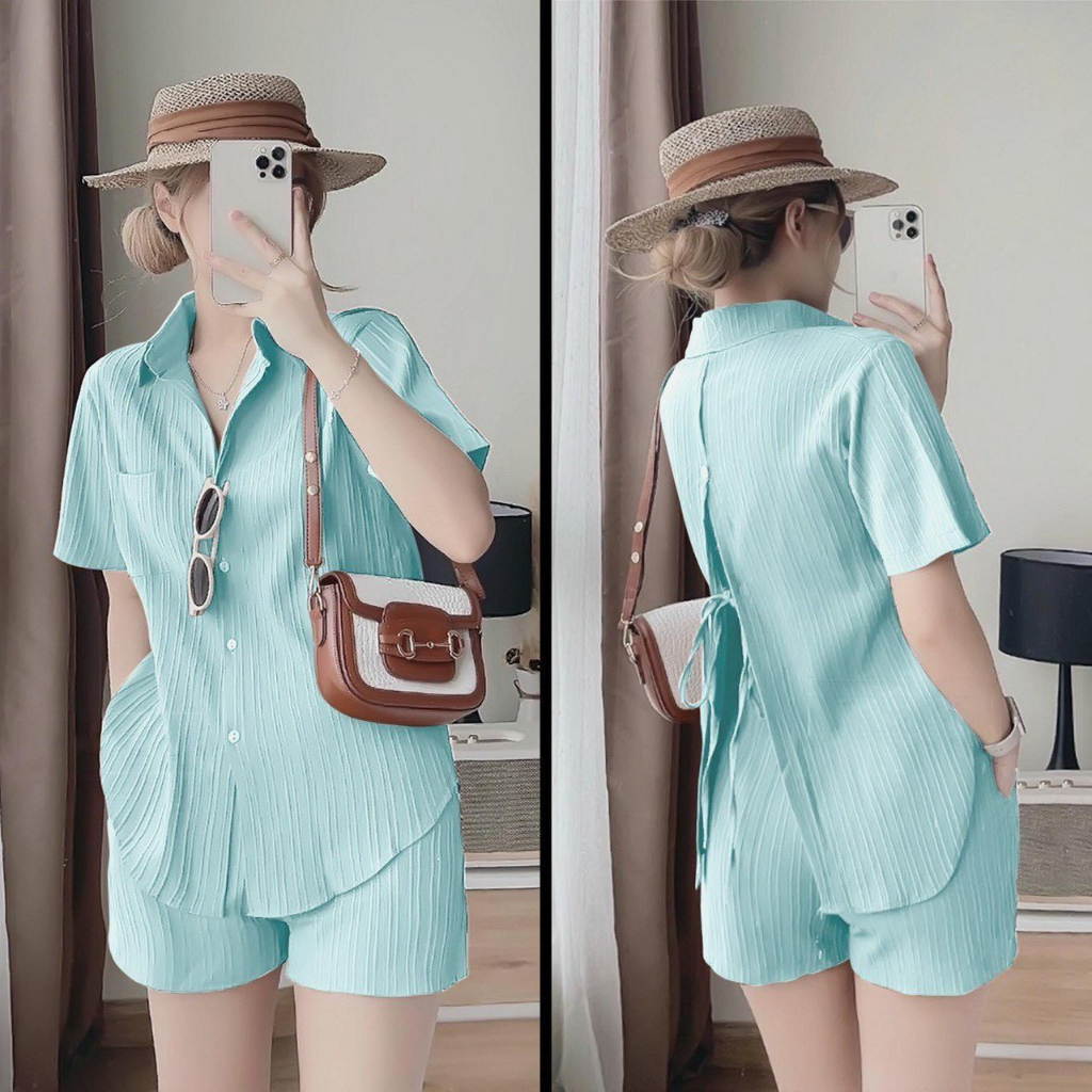 Set đũi gân quần đùi áo xẻ nơ lưng hot hit siêu xinh  Mã   - MYNA