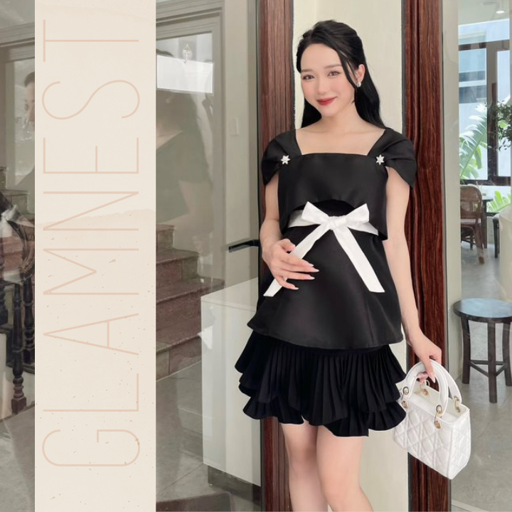 Set Váy Bầu Nữ Tính Dạo Phố Du Lịch Đầm Bầu Tiểu Thư Thiết Kế Cao Cấp Glam Nest AS029