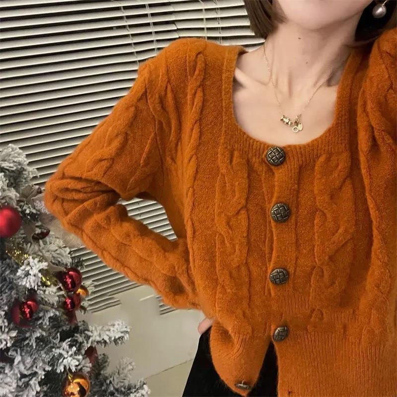 Cardigan len cổ vuông vân xoắn quẩy dáng ngắn nhiều màu