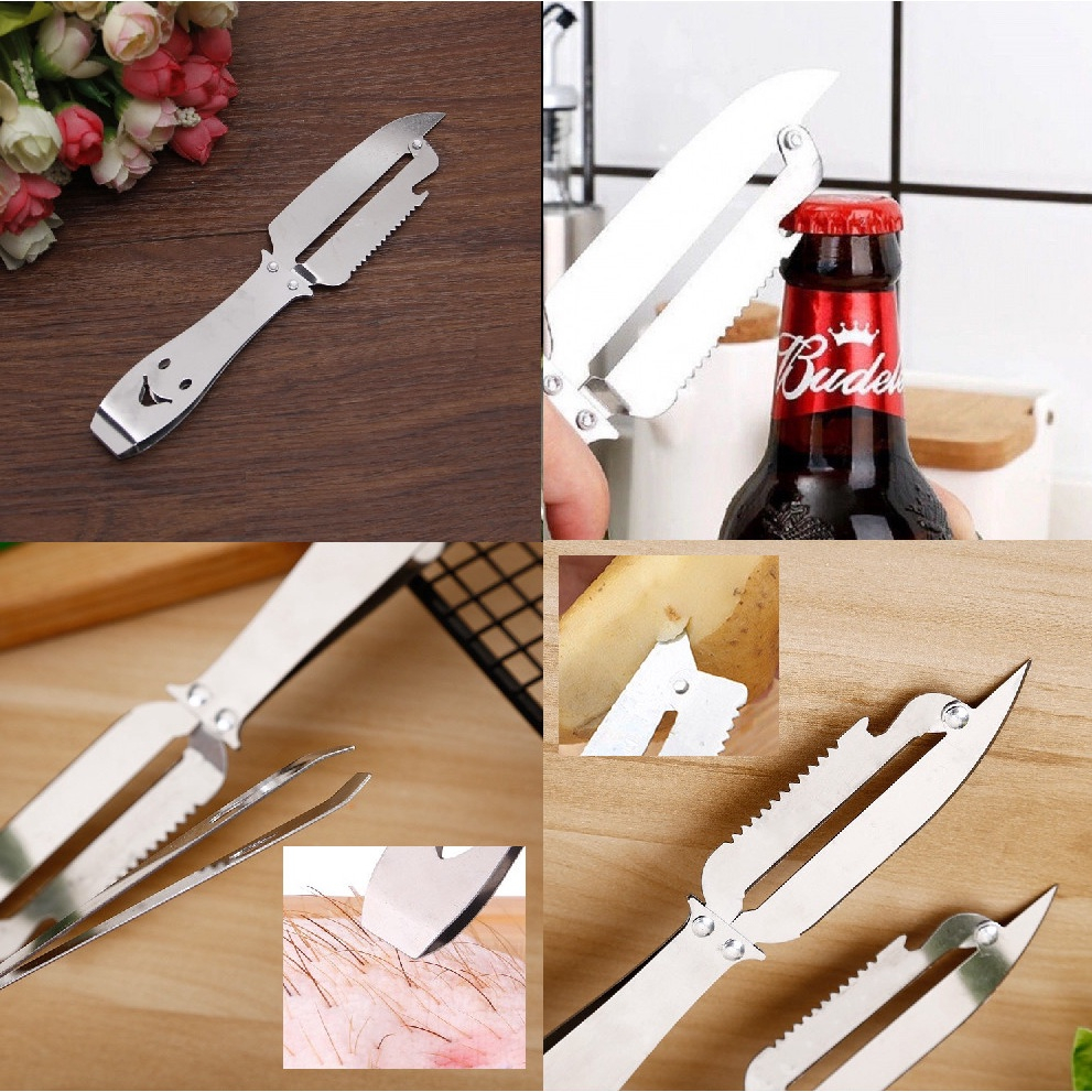 Dao nạo đa năng 4in1 - bào vỏ, lấy lõi sâu, khui nắp chai kiêm nhíp gấp