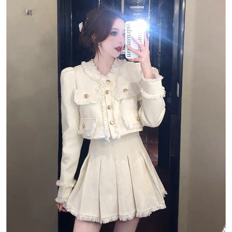 Set Dạ Tweed Áo Khoác Lửng Kèm Chân Váy Xoè Siêu Xinh Hai Màu Kèm Ảnh Thật_ Hàng Order QCCC