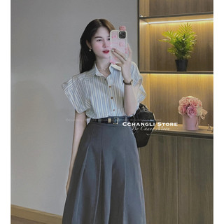 Set áo sơ mi kẻ mix chân váy dài xếp ly kèm đai BN871