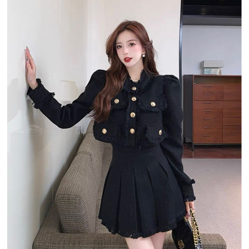 Set Dạ Tweed Áo Khoác Lửng Kèm Chân Váy Xoè Siêu Xinh Hai Màu Kèm Ảnh Thật_ Hàng Order QCCC