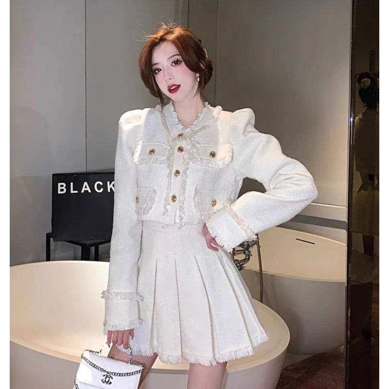 Set Dạ Tweed Áo Khoác Lửng Kèm Chân Váy Xoè Siêu Xinh Hai Màu Kèm Ảnh Thật_ Hàng Order QCCC