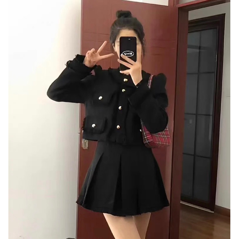 Set Dạ Tweed Áo Khoác Lửng Kèm Chân Váy Xoè Siêu Xinh Hai Màu Kèm Ảnh Thật_ Hàng Order QCCC