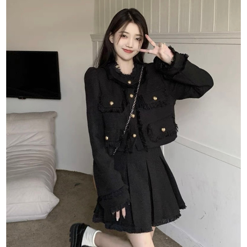 Set Dạ Tweed Áo Khoác Lửng Kèm Chân Váy Xoè Siêu Xinh Hai Màu Kèm Ảnh Thật_ Hàng Order QCCC