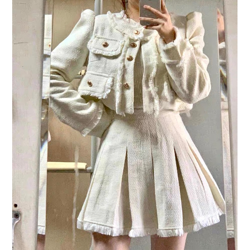 Set Dạ Tweed Áo Khoác Lửng Kèm Chân Váy Xoè Siêu Xinh Hai Màu Kèm Ảnh Thật_ Hàng Order QCCC