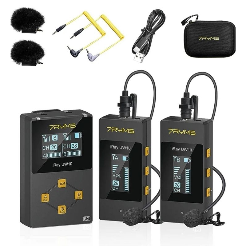 Micro không dây UHF chuyên nghiệp 7RYMS iRay UW10 với bộ phát kép và một bộ thu,phỏng vấn,vlog, livestream