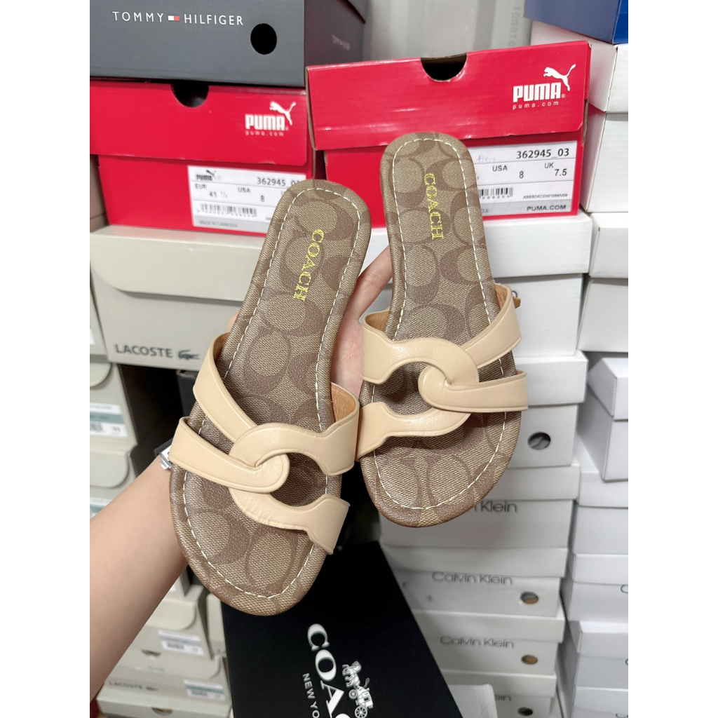 Dép Nữ/Dép Da Coach Quai Ngang Đan Chéo Đế Bêj Thời Trang Đi Biển