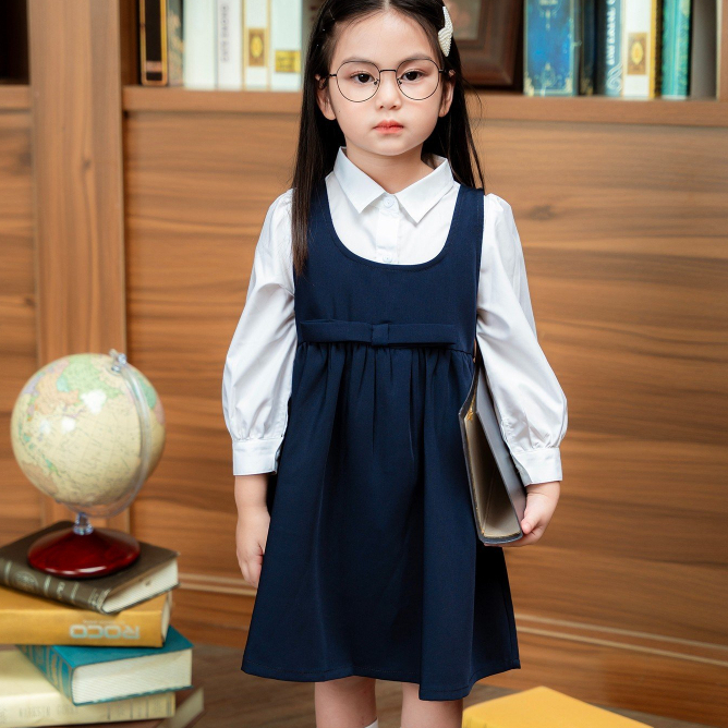 Váy yếm đi học bé gái ILABY phối nơ vuông trước chất liệu thô chéo mềm cho bé 13-32kg