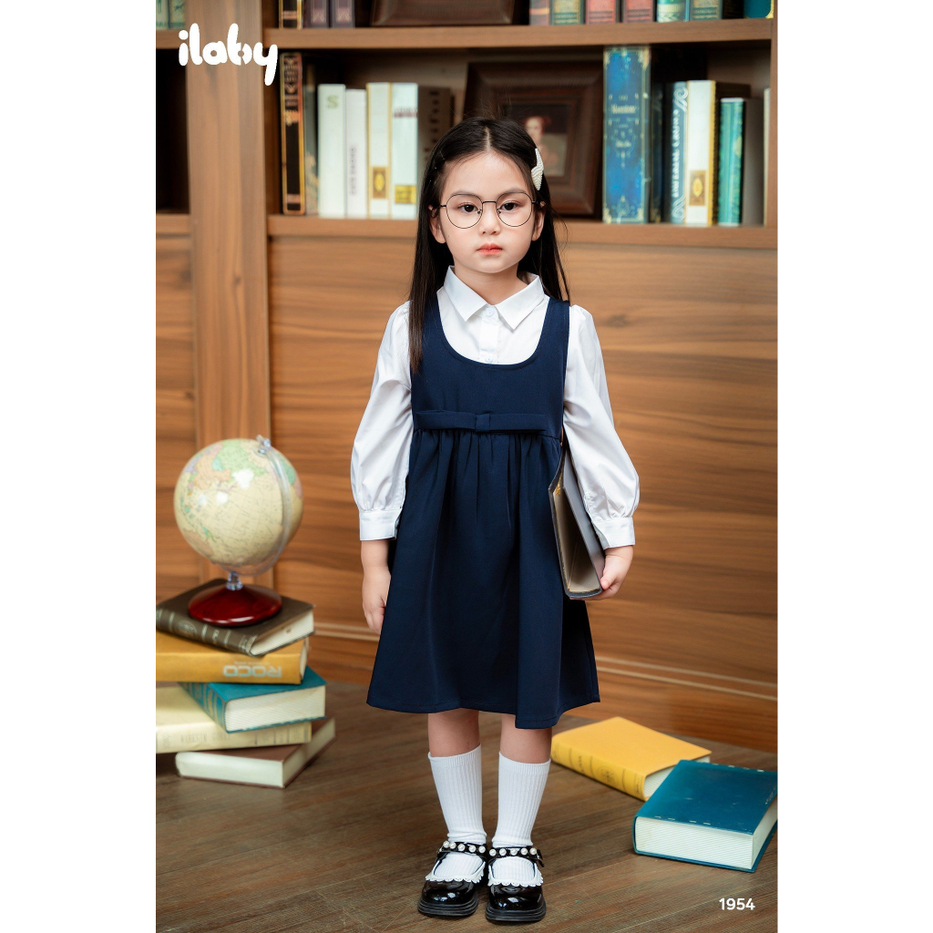 Váy yếm đi học bé gái ILABY phối nơ vuông trước chất liệu thô chéo mềm cho bé 13-32kg