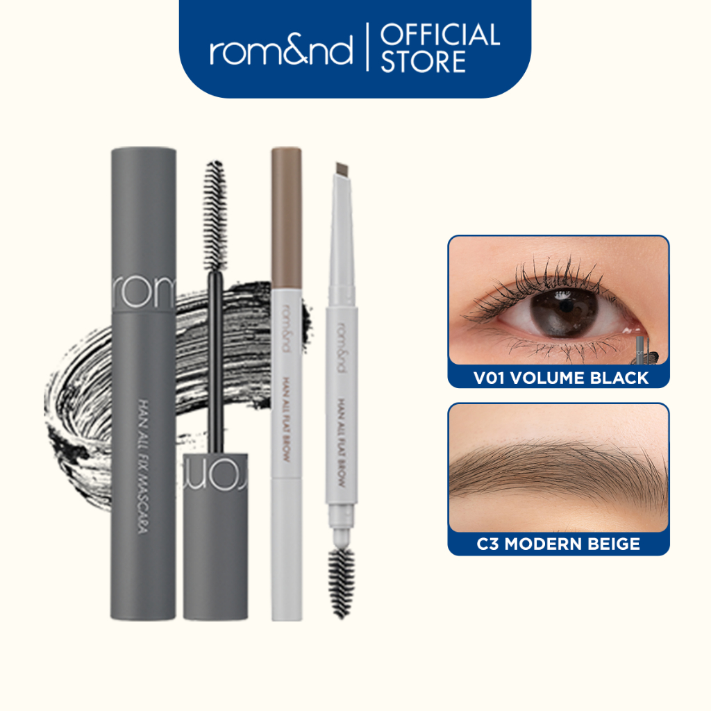 Combo Mascara Romand Han All Fix Mascara 7g + Chì kẻ mày ngang Romand Han All Flat Brow 0.17g