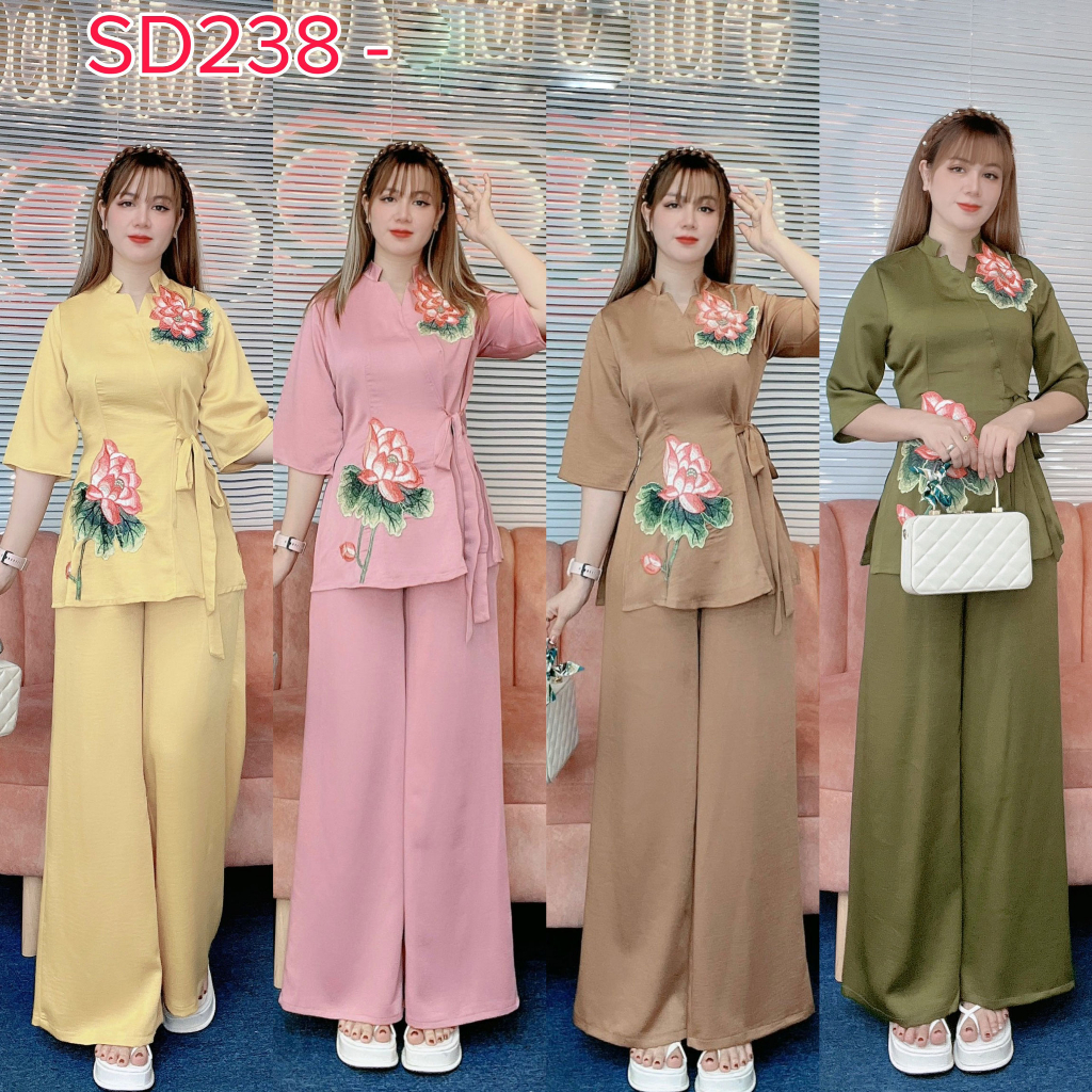 SD238 - Set đồ lam đi chùa, bộ bà ba đi lễ chùa đầu năm, set LAM HOA SEN THÊU CÓ DÂY CỘT đẹp dễ thương