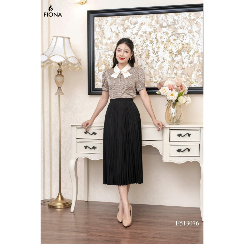 Áo sơ mi nữ FIONA dáng suông áo sơ mi kiểu họa tiết houndstooth thiết kế cao cấp cổ phối oganza be trẻ trung F513076