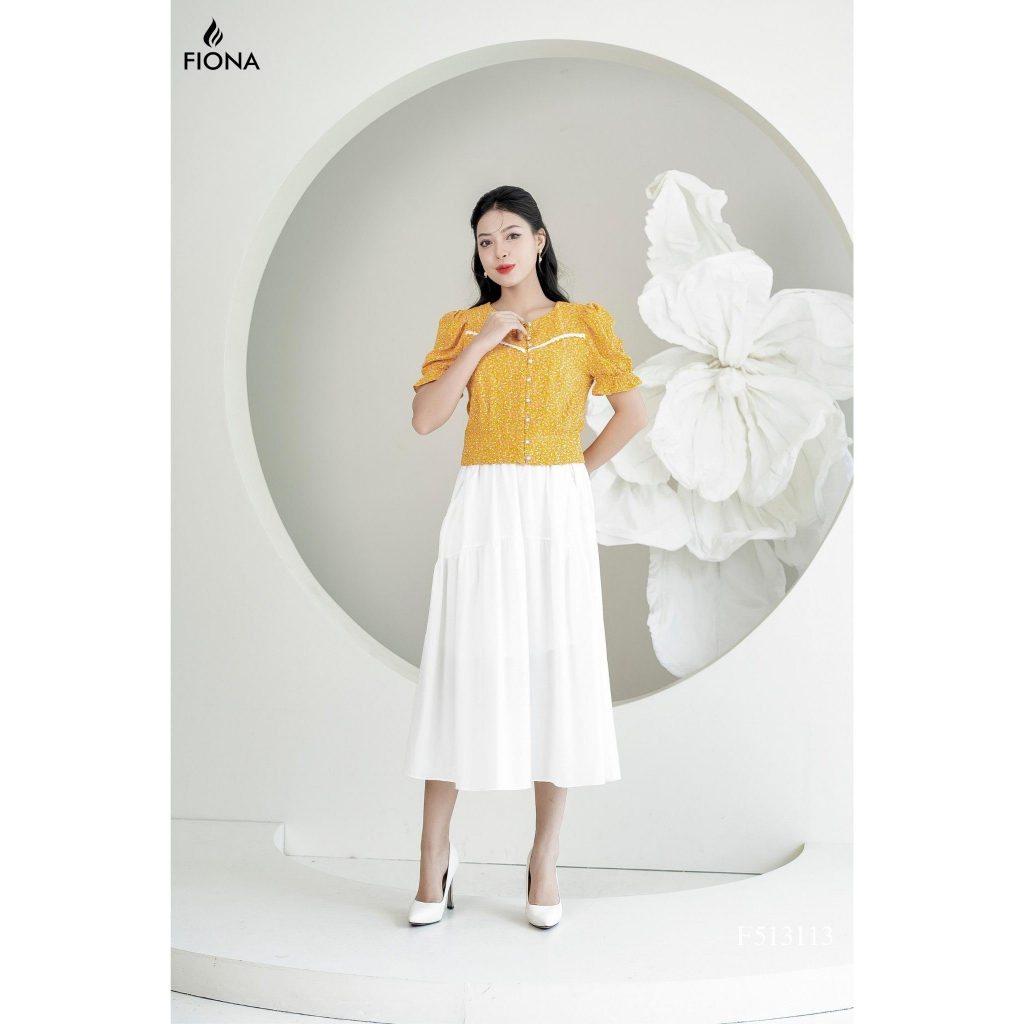 Áo sơ mi nữ FIONA dáng bo gấu áo sơ mi họa tiết hoa nhí thiết kế cúp ngực kê ren trang trí trẻ trung F513113