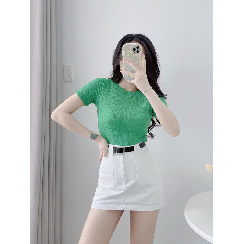 Áo thun gân form ôm hot tay ngắn cổ tròn chất co giãn dáng body giá rẻ dành cho nữ