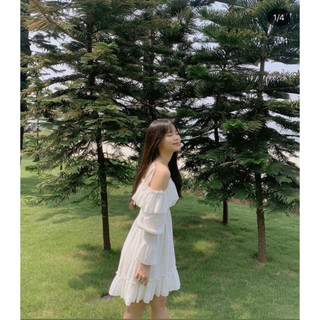 Đầm váy nữ trễ vai hai dây tay phồng, đầm váy trắng tinh khôi dáng váy mini xòe siêu dễ thương mặc đi chơi, đi tiệc xinh
