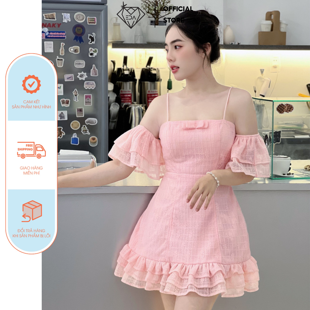Đầm nữ cúp ngực trễ vai rời - váy dự tiệc EDA vải ren thêu độc đáo có hoa cổ