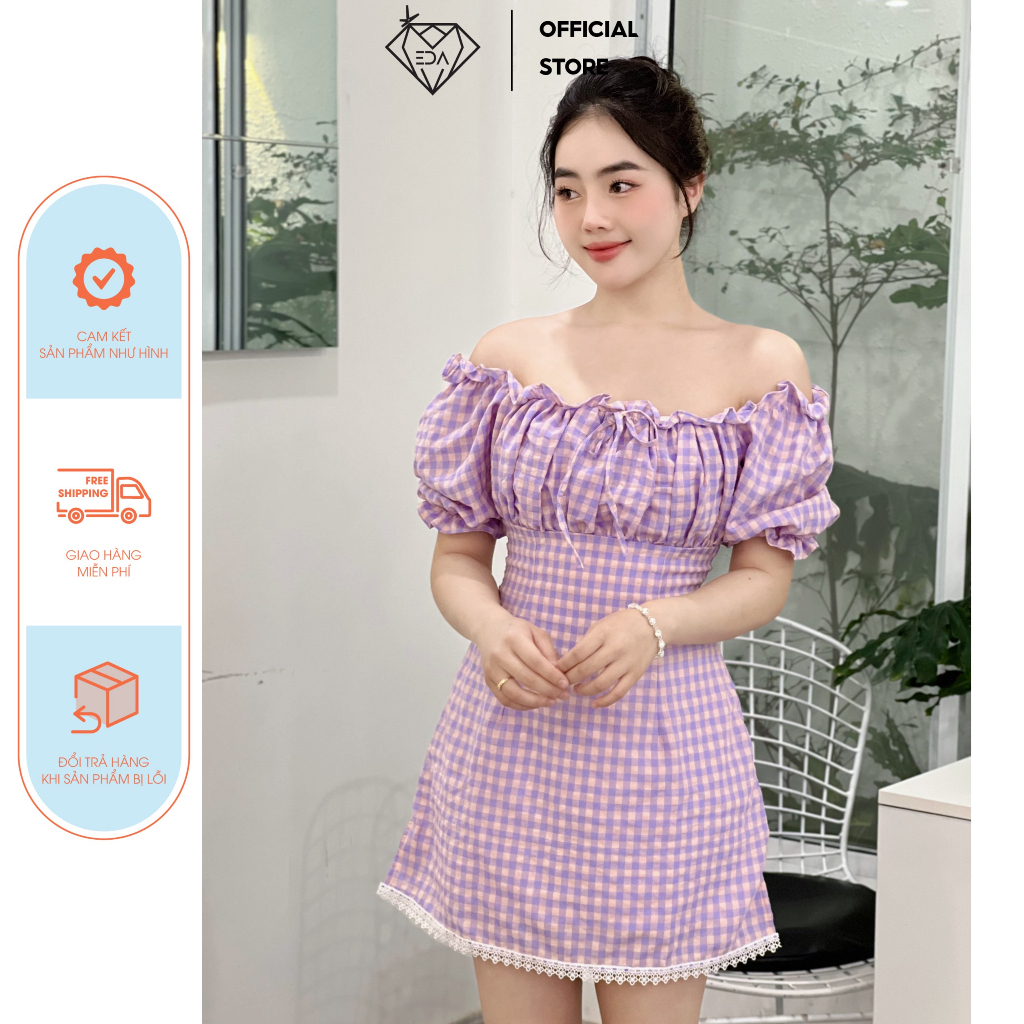 (Ảnh + video thật) Đầm Tiểu Thư Purple pastel caro phối ren tuyết EDA - Đầm mặc 2 kiểu trễ vai đáng yêu đi chơi dạo phố