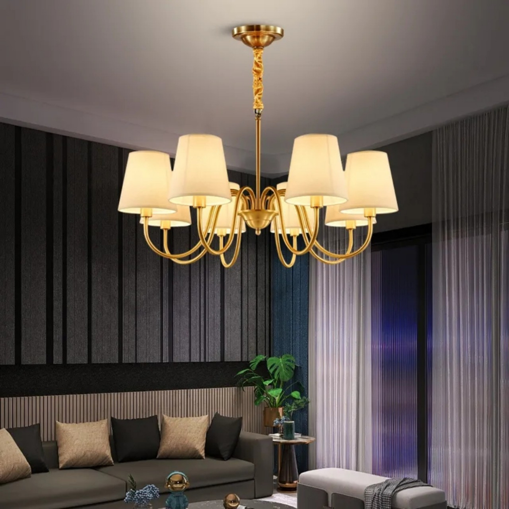 TẶNG KÈM BÓNG LED - Đèn chùm thân màu vàng - chao vải - 8 tay CH8810-8 - Đèn đẹp cho phòng khách, nhà hàng, khách sạn