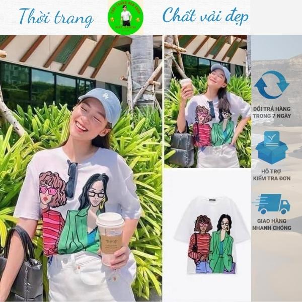 Áo thun nữ hình hai cô gái, chất vải poly thoáng mát, kiểu dáng thời trang trẻ chung