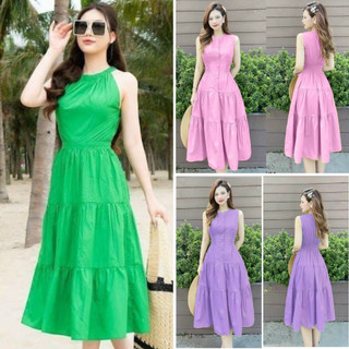 Đầm váy nữ maxi dáng dài nhún eo với nhiều màu, váy dự tiệc dáng xòe sát nách cổ tròn sang chảnh thanh lịch T1140