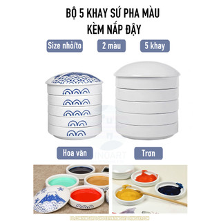 Bộ 5 khay sứ pha màu kèm nắp đậy - bé / to - trơn / hoa văn