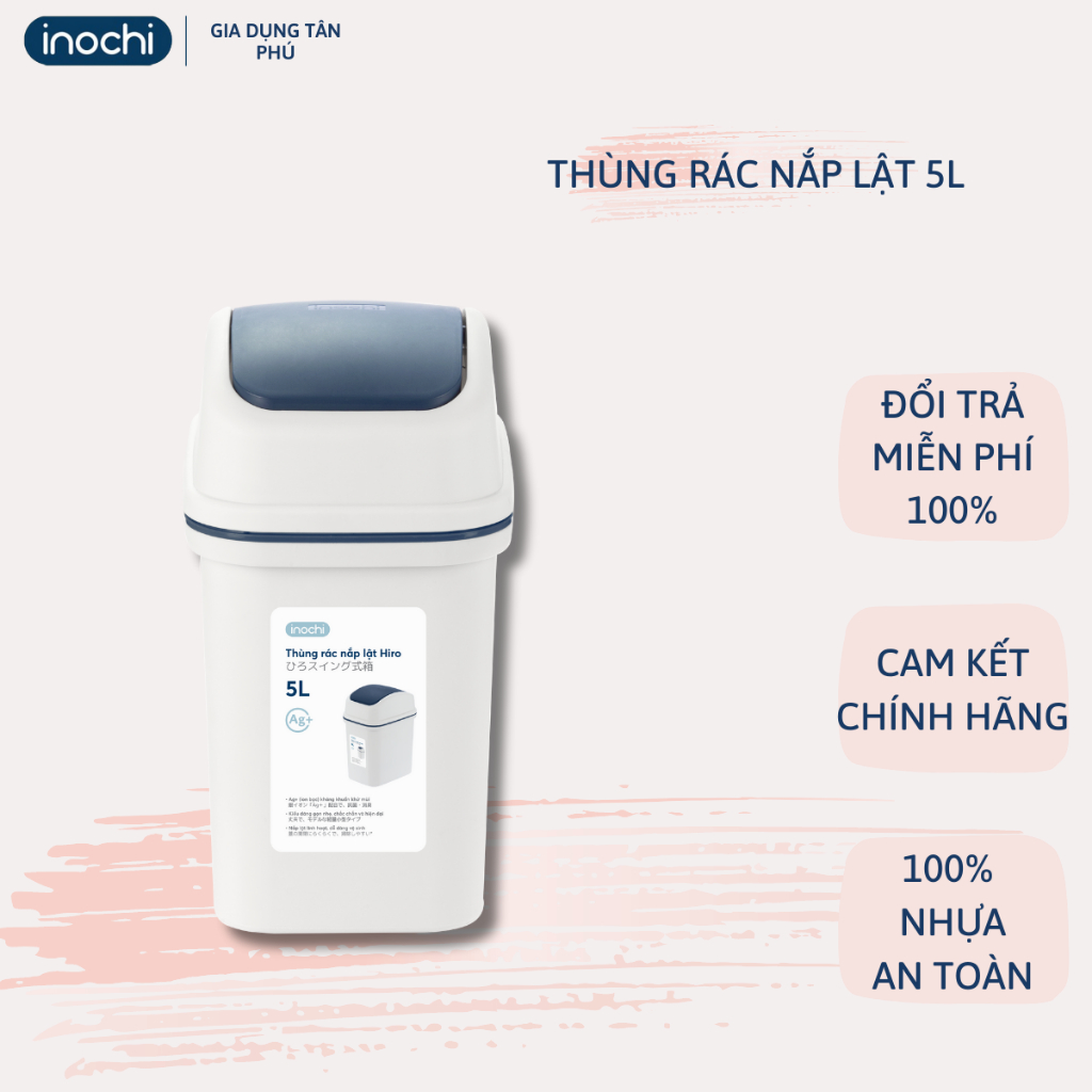 Thùng Rác Nắp Lật 5L ( CÓ RUỘT) Inochi Cao Cấp Chất Liệu Nhựa Nguyên Sinh Kháng Khuẩn khử mùi. GIAO MÀU NGẪU NHIÊN