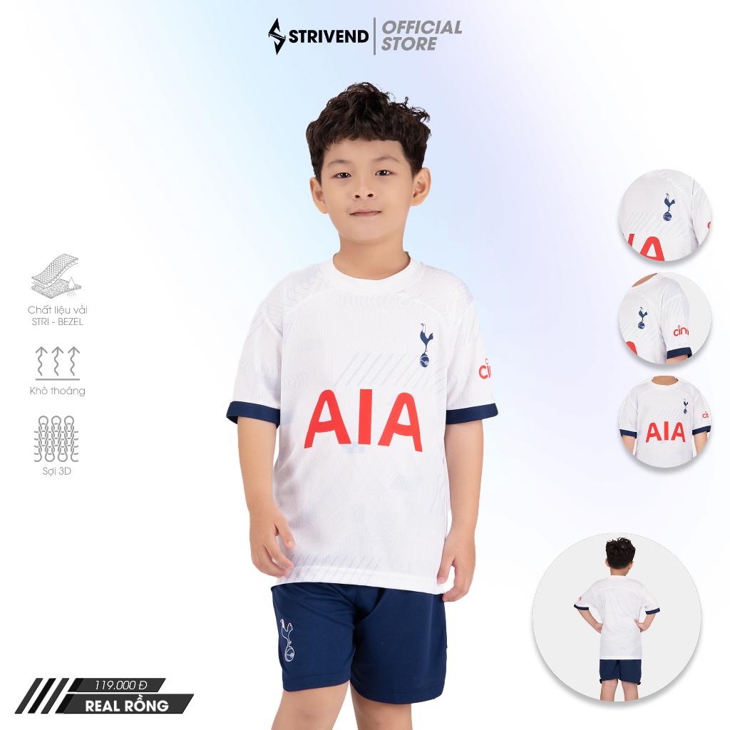 Quần Áo Bóng Đá Trẻ Em, Đồ Quần Áo Đá Banh CLB Tottenham Trắng Cho Bé Vải Mè Thoi Siêu Thấm Hút, Logo Silicone Cao Cấp