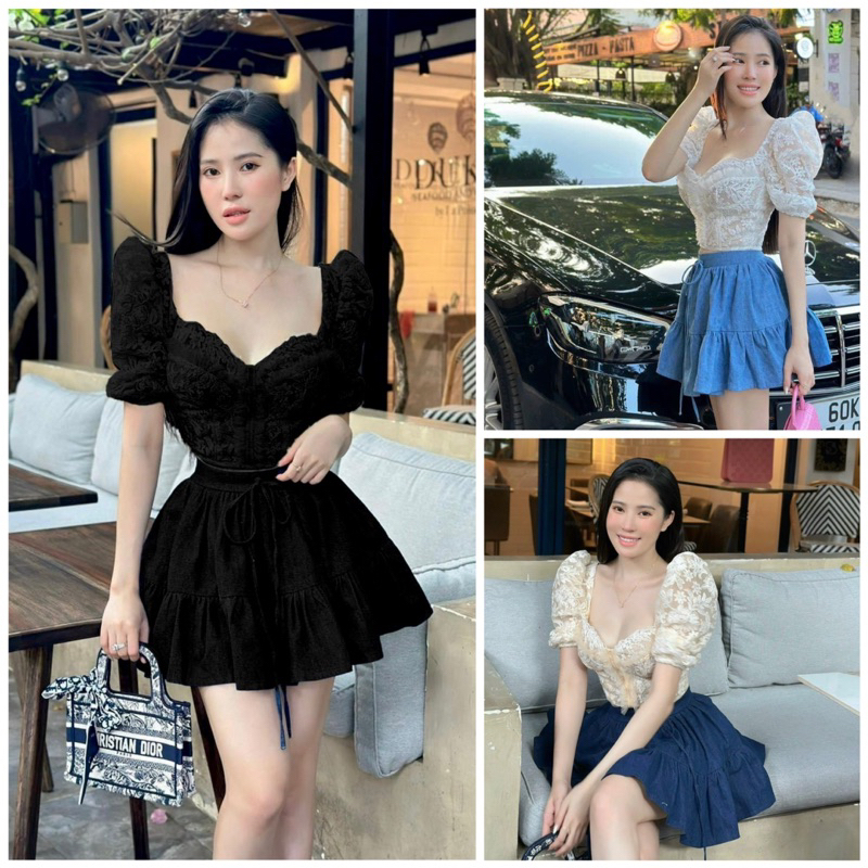 SP020129 SET ÁO CROP THÊU HOA NỔI + CV JEAN TẦNG
