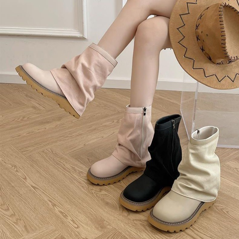 Giày boot nữ ống vuông đế đinh Bốt nữ ống vuông đế đinh da lộn cá tính