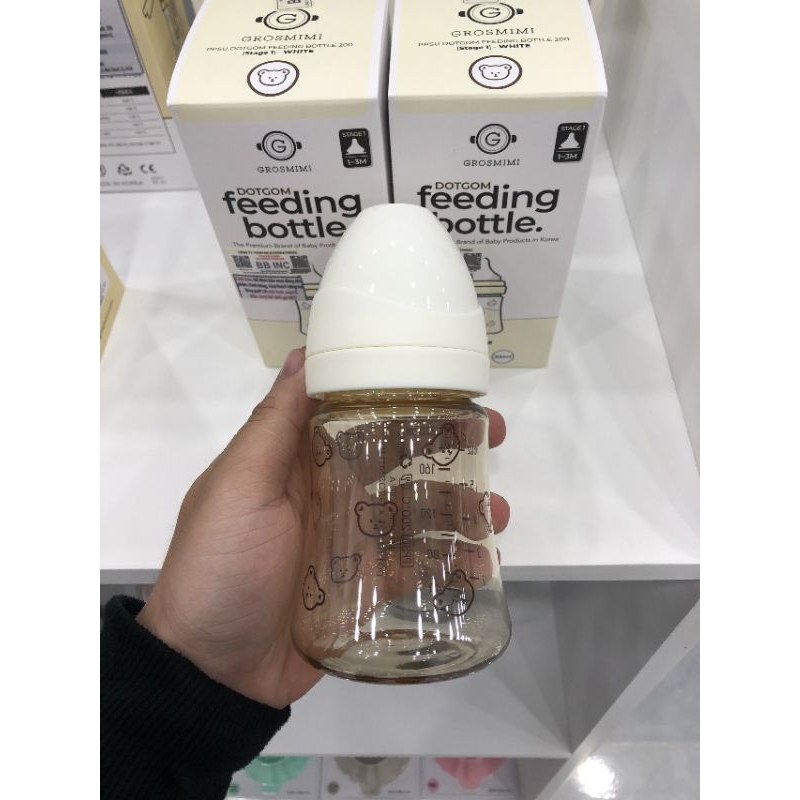 Bình sữa hàn quốc grosmimi chính hãng, họa tiết gấu dotgom, cherry, oliu, 200ml và 300ml