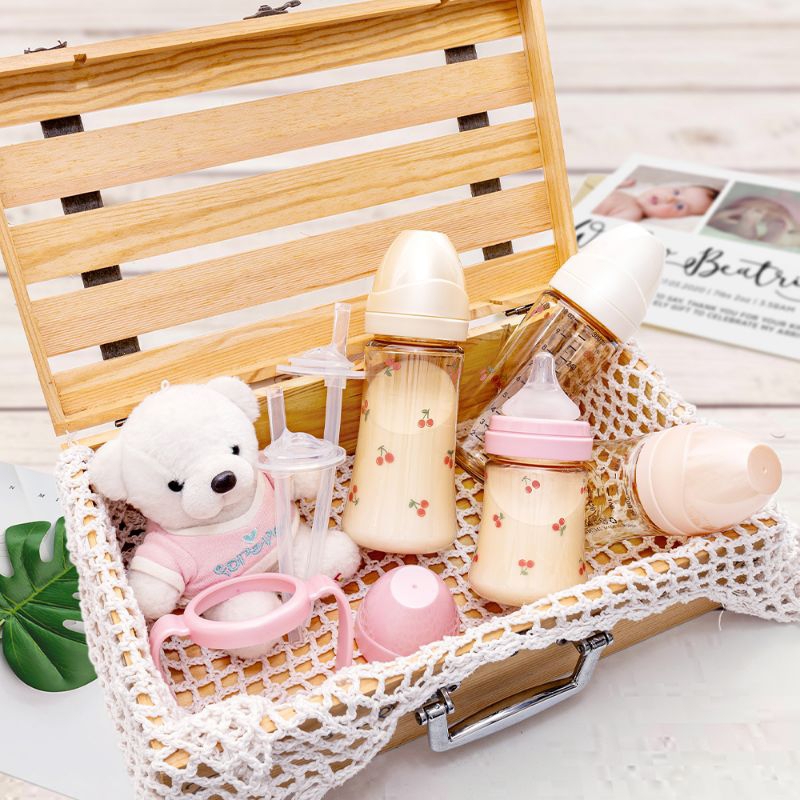 Bình sữa hàn quốc grosmimi chính hãng, họa tiết gấu dotgom, cherry, oliu, 200ml và 300ml