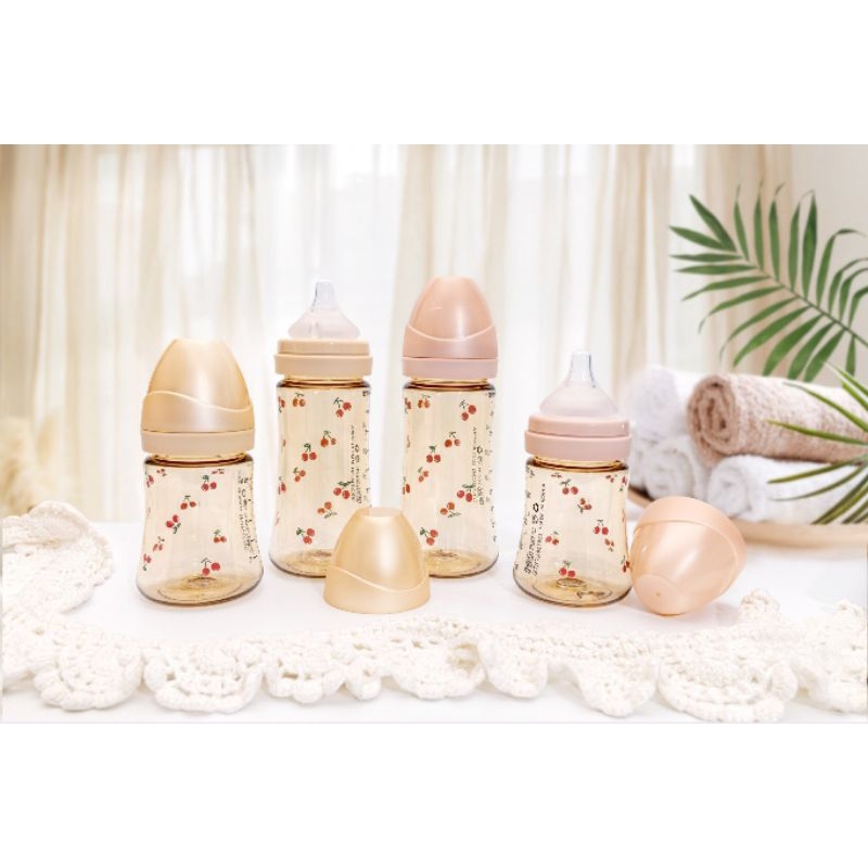 Bình sữa hàn quốc grosmimi chính hãng, họa tiết gấu dotgom, cherry, oliu, 200ml và 300ml