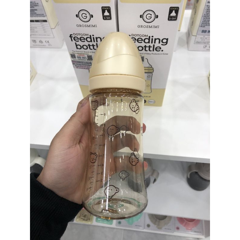Bình sữa hàn quốc grosmimi chính hãng, họa tiết gấu dotgom, cherry, oliu, 200ml và 300ml