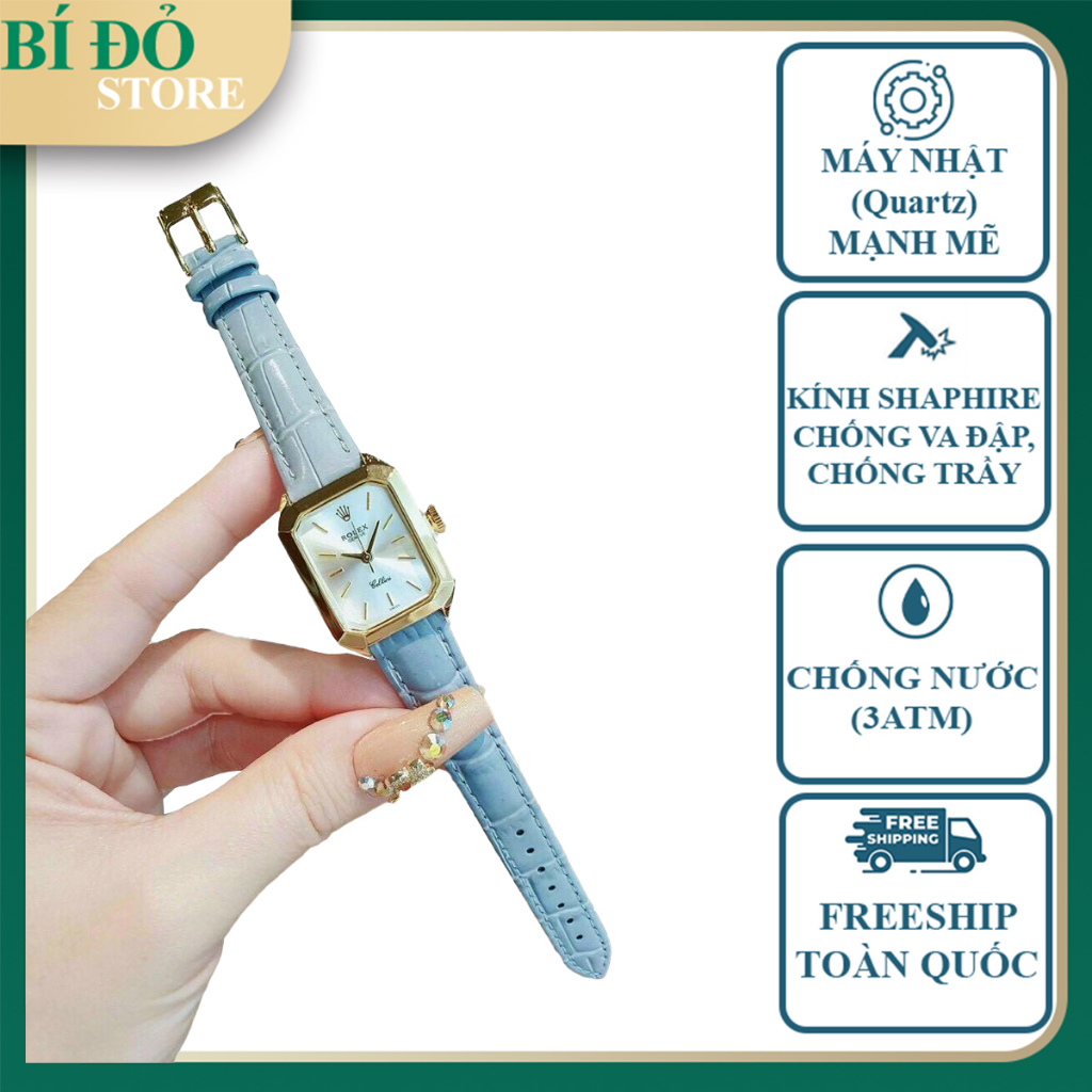 Đồng hồ nữ ROLEX máy nhật, chống nước mặt size 26mm mặt vuông dây da cao cấp