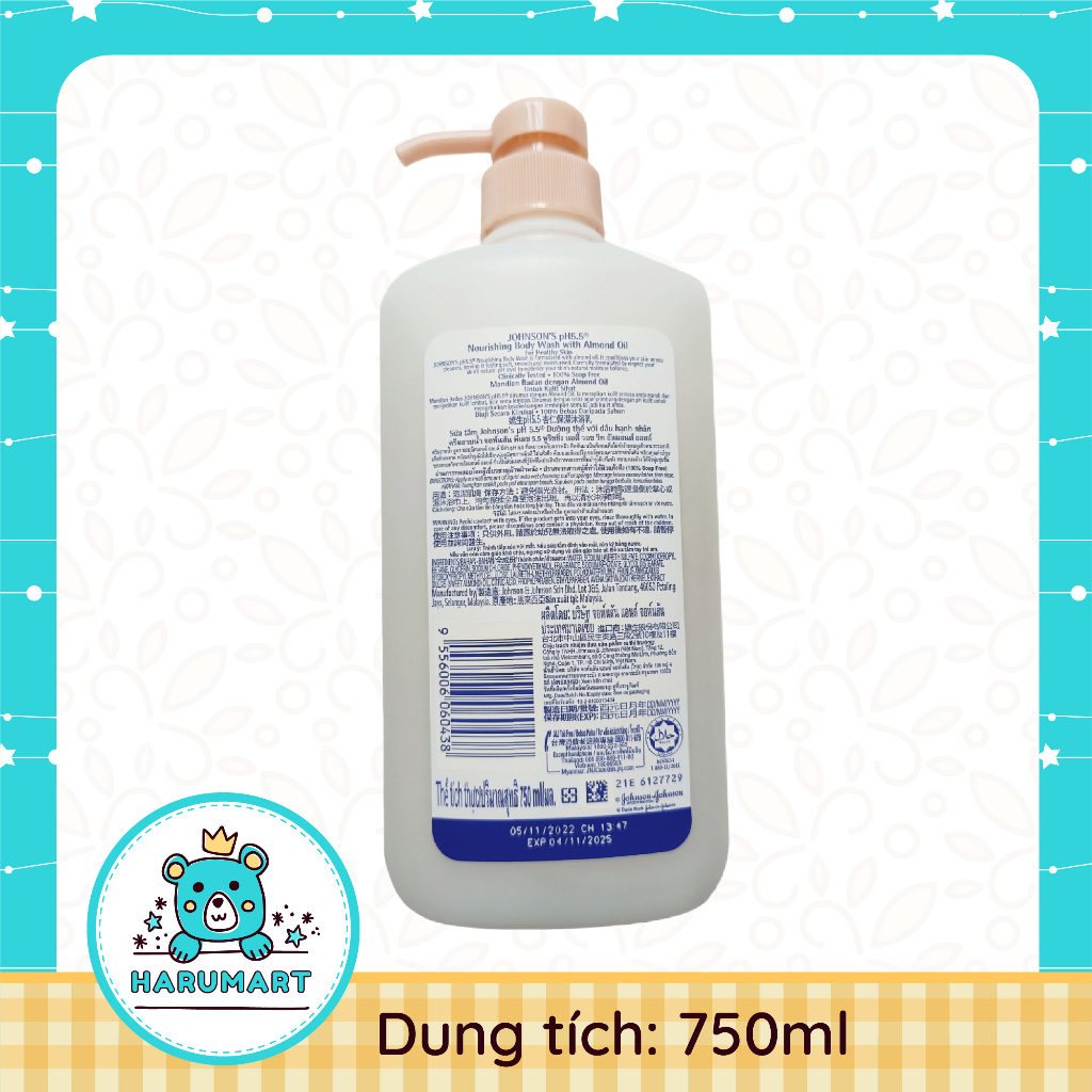 Sữa tắm dầu hạnh nhân/Sữa tắm 2in1 Johnson's Baby pH5.5 750ml