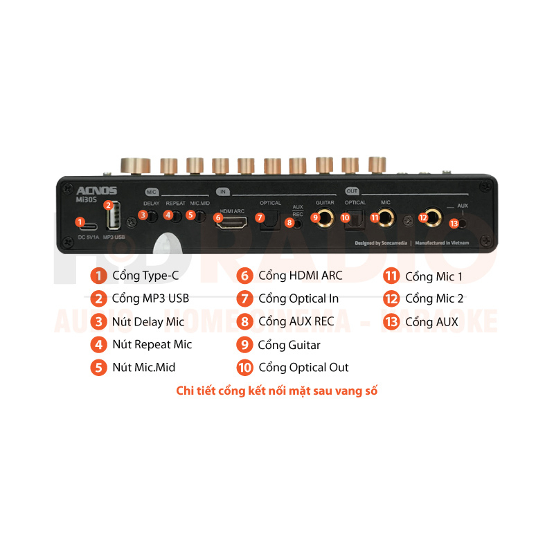 MI30S ACNOS Vang số chỉnh cơ tích hợp bluetooth không dây UHF