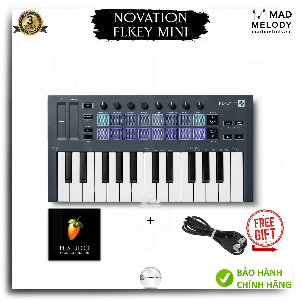 [BH3NĂM] Đàn làm soạn nhạc Novation FLkey Mini 25-key USB MIDI Keyboard Controller Chính Hãng Nguyên Zin (Brand New)