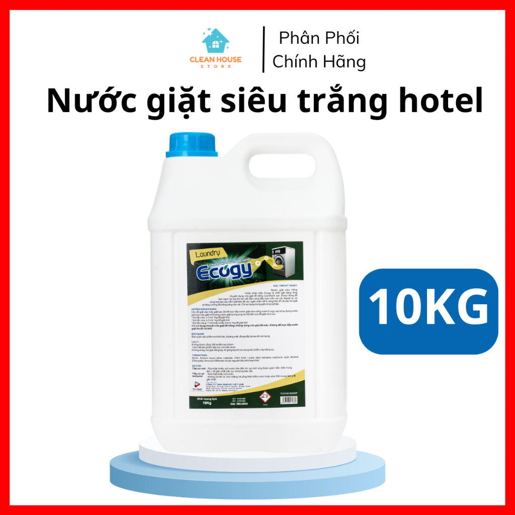 Nước Giặt Siêu Trắng Hotel ECOGY 10KG Chuyên Dụng Cho Giặt Đồ Trắng Nhà Nghỉ, Khách Sạn